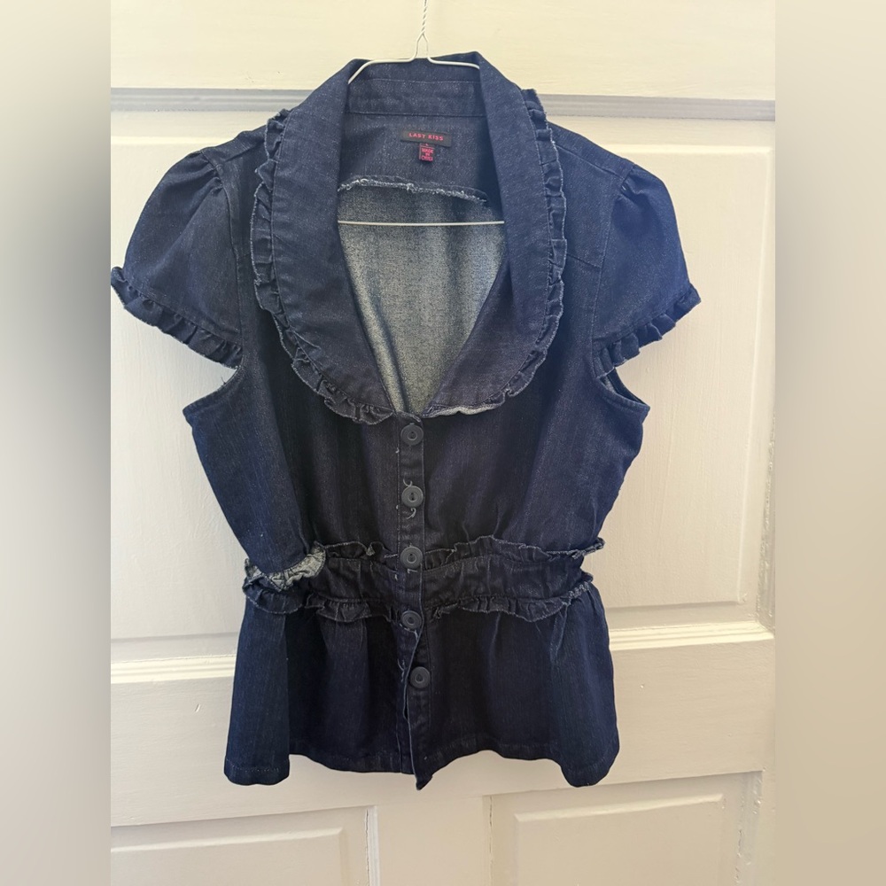 Last Kiss Dark Blue Ruffled Denim Button-Front Women's Top Size L